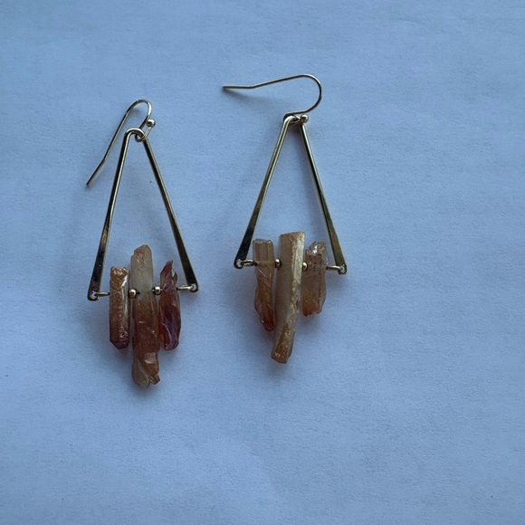 Gold Tone Geometric Earrings with genuine quartz stones fish hook back - Picture 4 of 5